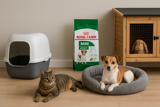 Een kat ligt tevreden naast een moderne kattenbak, terwijl een kleine hond in een zachte hondenmand ligt. Op de achtergrond staat een zak Royal Canin Mini Adult en een houten konijnenhok met een nieuwsgierig konijn.