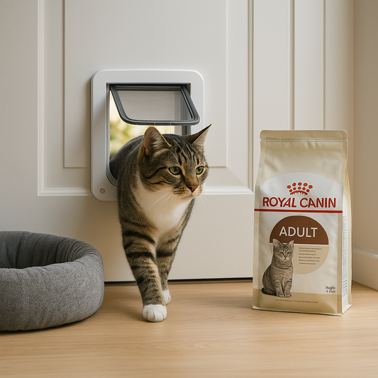 Een nieuwsgierige kat stapt door een modern kattenluik in een witte achterdeur, met zonlicht op de achtergrond. Naast de deur ligt een kattenmand en staat een zak kattenvoer van Royal Canin.