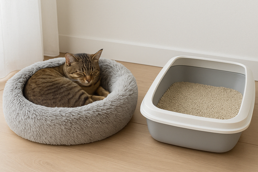 Een tevreden kat ligt opgerold in een zachte kattenmand naast een moderne kattenbak gevuld met stofvrije kattenbakvulling. De ruimte is fris, licht en warm ingericht.