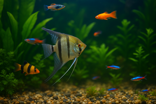 Tropisch aquarium met kleurrijke vissen, gezonde planten en heldere bodembedekking – ideaal voorbeeld van een goed onderhouden visomgeving.