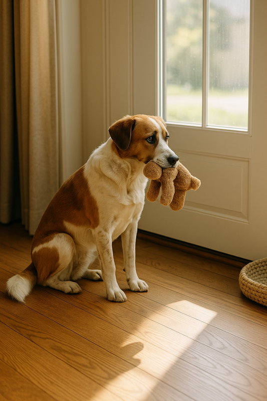 Een onrustige hond zit alleen bij de voordeur met een knuffel in zijn bek, terwijl zonlicht door het raam valt. De hond kijkt verdrietig uit het raam.