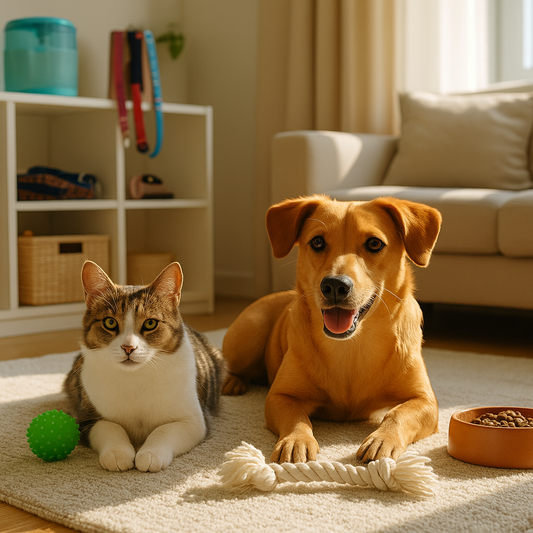 Een vrolijke hond en kat liggen samen op een zacht kleed in een zonnige woonkamer, omringd door speeltjes en een voerbak. Op de achtergrond staan producten zoals halsbanden en drinkfontein in een rek.