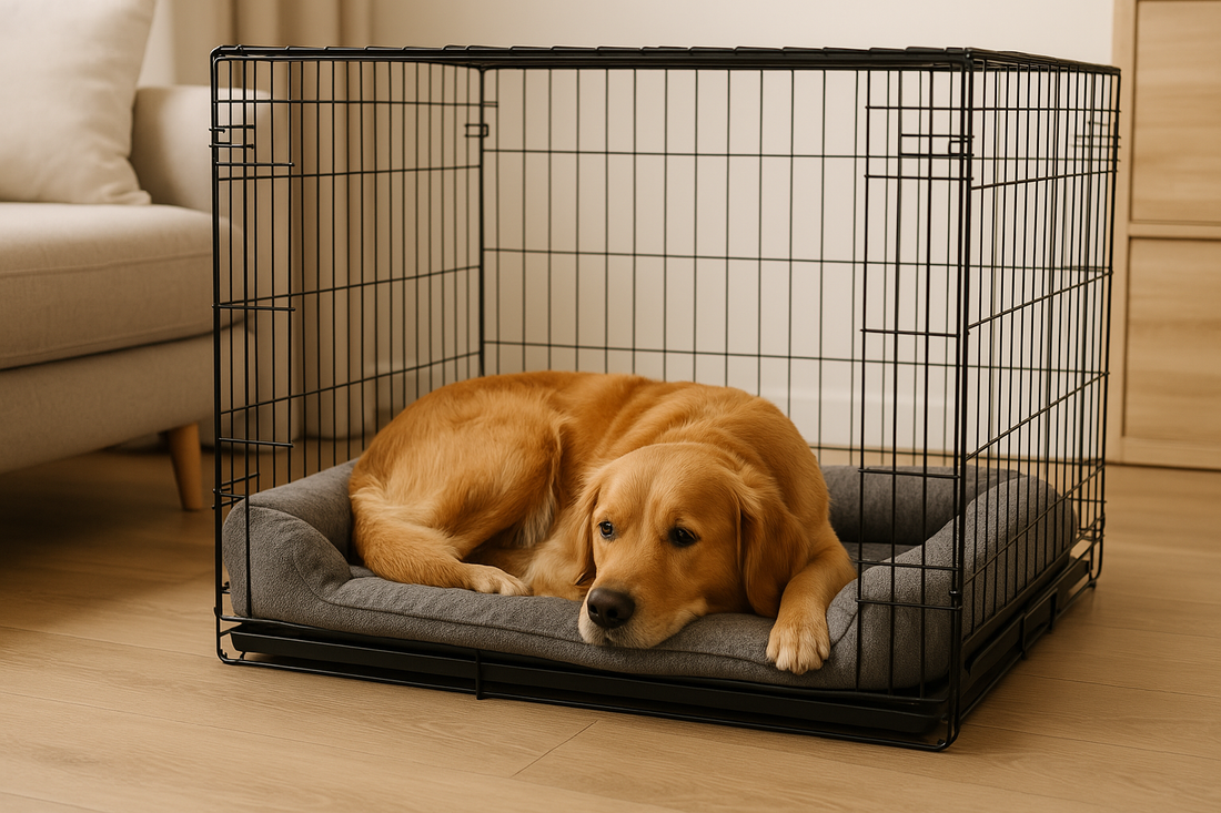 Een tevreden hond ligt ontspannen in een comfortabele hondenbench met een zacht hondenkussen, in een gezellige woonkameromgeving.