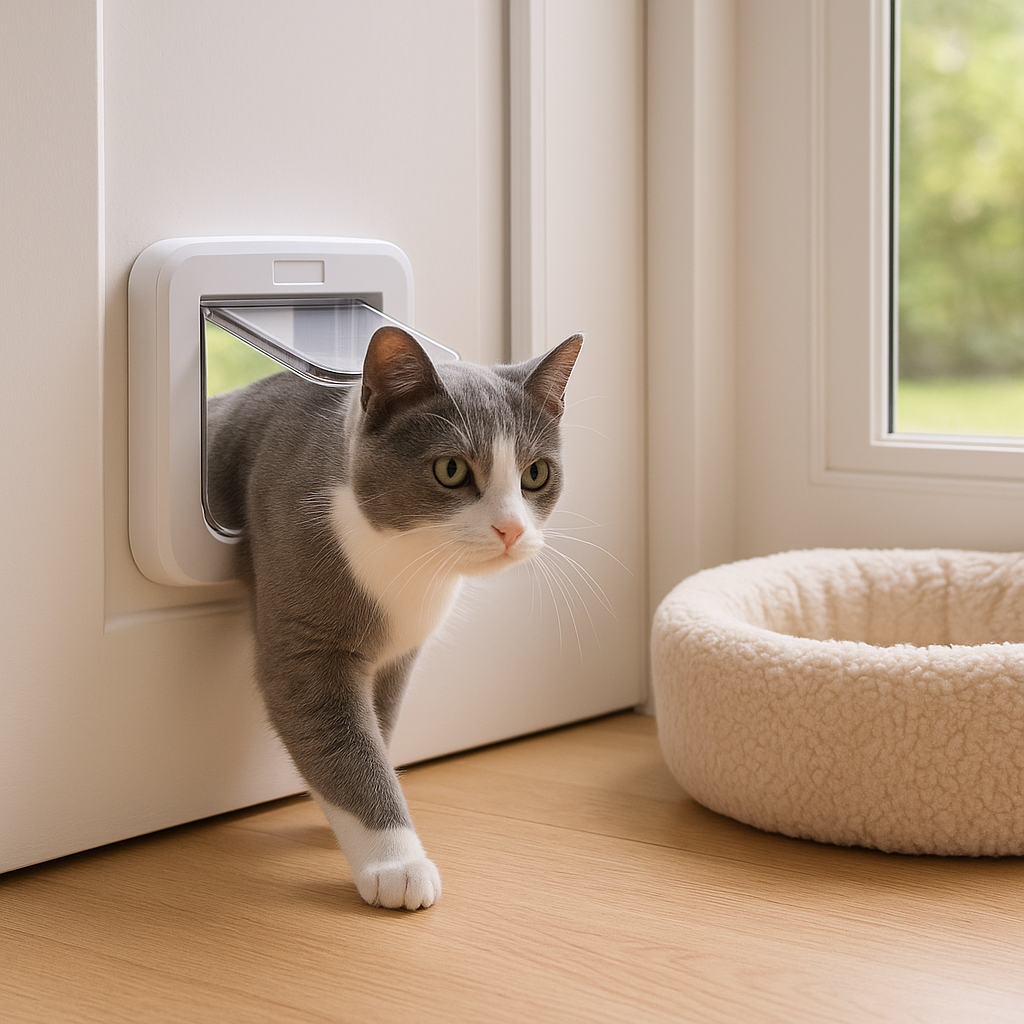 Een grijs-witte kat loopt tevreden door een kattenluik met chip in een witte achterdeur. Naast het luik staat een kattenmand, terwijl zonlicht door het raam valt. De kat draagt geen halsband – de chip wordt automatisch herkend.
