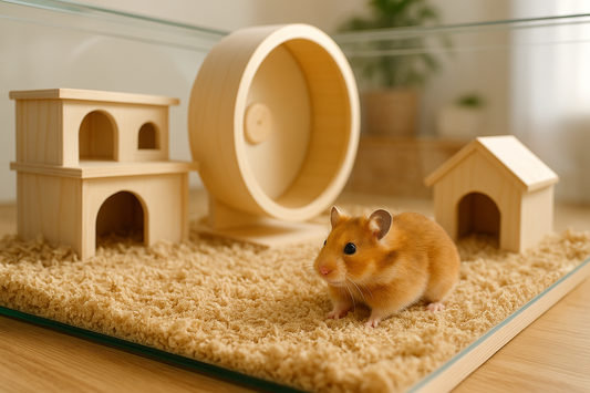 Een schattige goudkleurige hamster verkent een ruime hamsterkooi met houten huisjes, een groot looprad en dikke lagen bodembedekking om in te graven. De kooi staat in een lichte kamer met houten vloer.