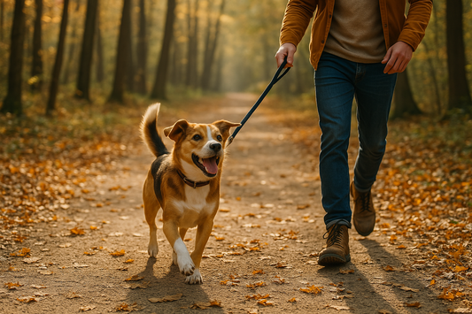 Hond die vrolijk wandelt met baasje in het bos, vol energie dankzij probiotica