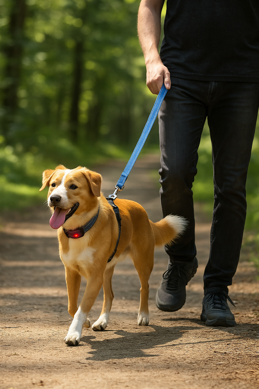 Een vrolijke hond wandelt met zijn baasje over een zonnig bospad, vast aan een stevige nylon hondenriem met reflecterende strip. De hond draagt een bijpassende halsband met LED-verlichting.
