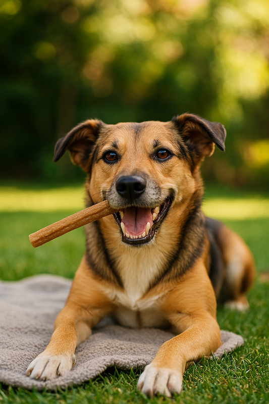 Blije hond met een gezonde snack in zijn bek, liggend op een kleed in de tuin