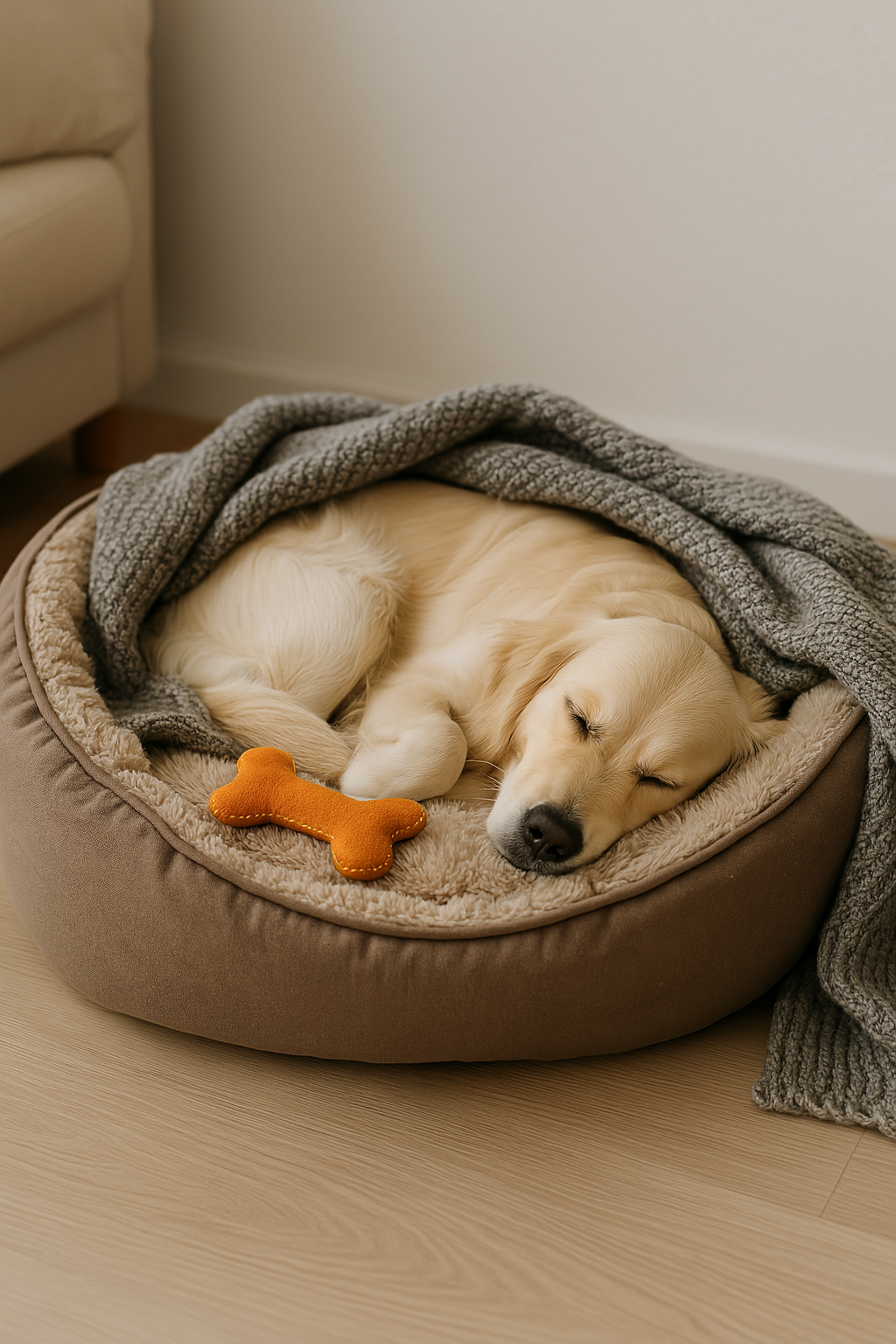 Slapende hond in een luxe zachte mand in de woonkamer, omringd door een warme deken en speeltjes.