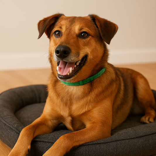 Hond met glanzende vacht en vrolijke blik, liggend op een vlooienvrije hondenmand met een natuurlijke vlooienband om de nek.